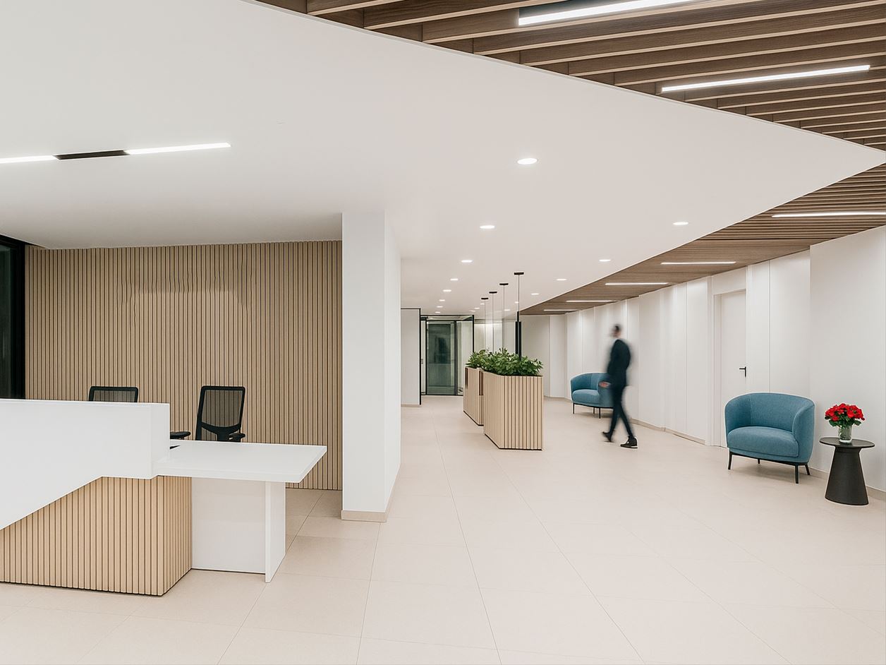 arquitectos-mtac-manuel-trevino-13 La reorganización de la planta también incluye la mejora de la circulación interna, con recorridos más fluidos y accesibles, y la optimización de la superficie para conseguir un mayor aprovechamiento de cada zona. El diseño del mobiliario responde a criterios de flexibilidad, permitiendo que los espacios se adapten fácilmente a diferentes dinámicas: desde áreas de concentración individual hasta espacios colaborativos y de reunión.</p>
<p>Por último, la intervención alcanza los espacios comunes, como la cafetería y zonas de descanso, renovados para convertirse en lugares sociales de encuentro, que favorecen al ambiente de trabajo. Gracias a esta puesta al día, la planta se presenta ahora como un espacio de oficinas contemporáneo, representativo y alineado con las necesidades actuales, consolidando la imagen de los laboratorios como una institución innovadora y con sello de identidad.