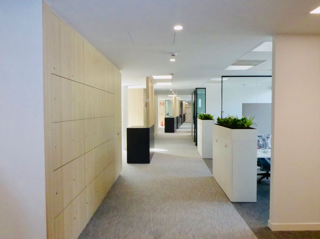 arquitectos-mtac-manuel-trevino-4 La reorganización de la planta también incluye la mejora de la circulación interna, con recorridos más fluidos y accesibles, y la optimización de la superficie para conseguir un mayor aprovechamiento de cada zona. El diseño del mobiliario responde a criterios de flexibilidad, permitiendo que los espacios se adapten fácilmente a diferentes dinámicas: desde áreas de concentración individual hasta espacios colaborativos y de reunión.</p>
<p>Por último, la intervención alcanza los espacios comunes, como la cafetería y zonas de descanso, renovados para convertirse en lugares sociales de encuentro, que favorecen al ambiente de trabajo. Gracias a esta puesta al día, la planta se presenta ahora como un espacio de oficinas contemporáneo, representativo y alineado con las necesidades actuales, consolidando la imagen de los laboratorios como una institución innovadora y con sello de identidad.